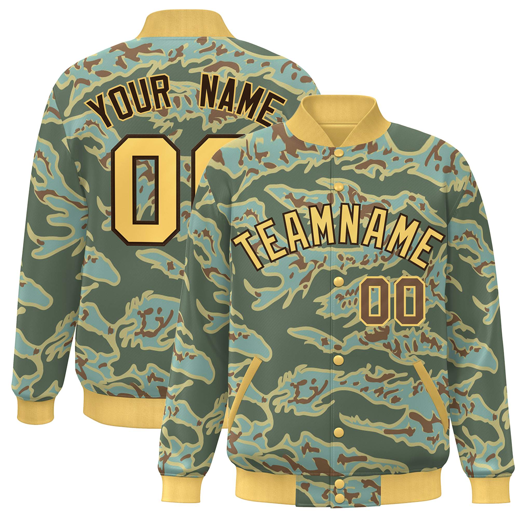 Custom Gold Brown Camo Varsity Full-Snap Letterman Bomber Jacket