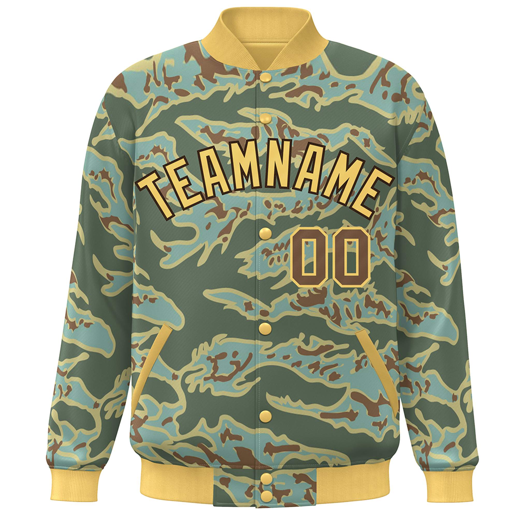 Custom Gold Brown Camo Varsity Full-Snap Letterman Bomber Jacket