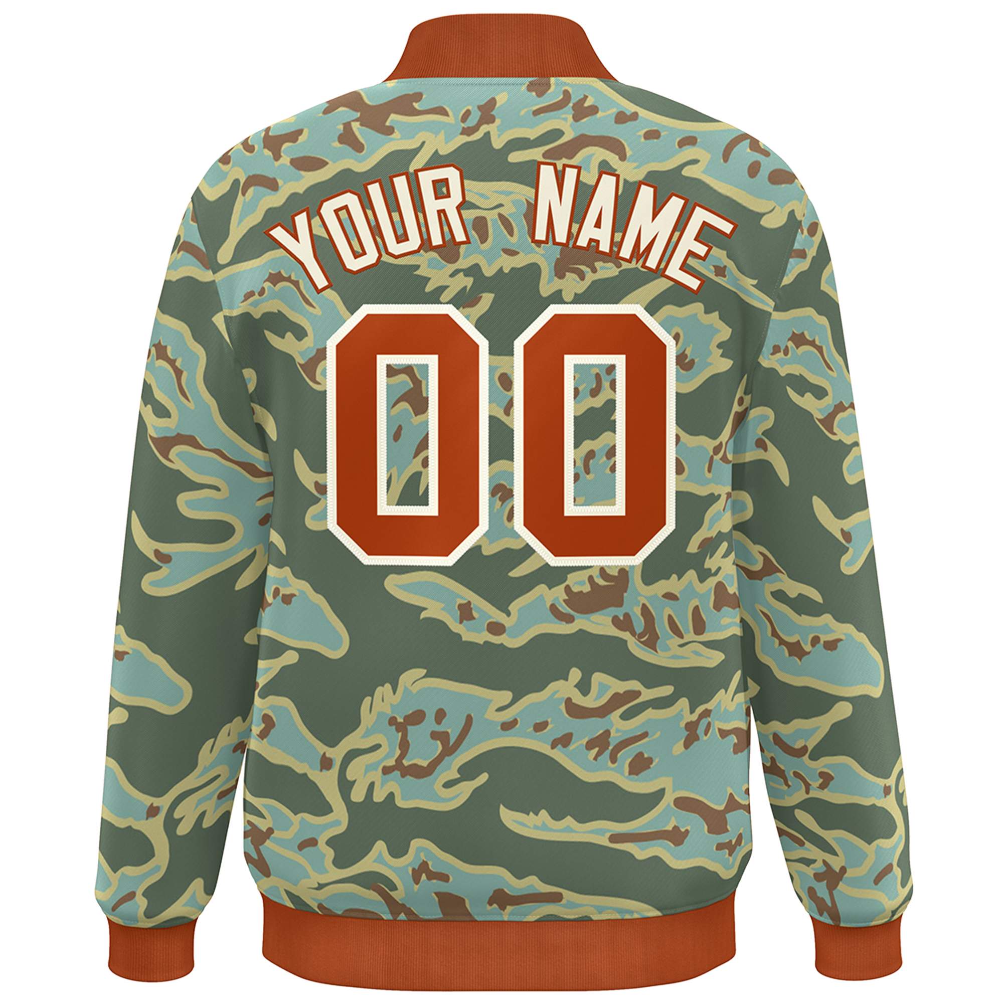 Custom Orange White Camo Varsity Full-Snap Letterman Bomber Jacket