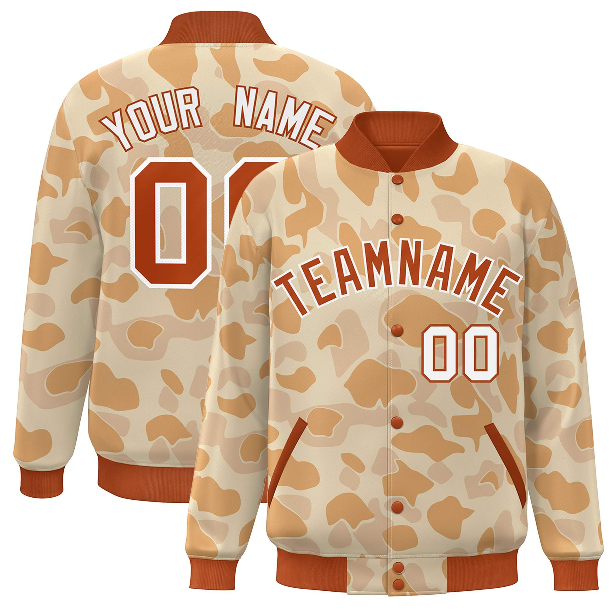 Blouson aviateur Letterman personnalisé orange blanc camouflage Varsity Full-Snap