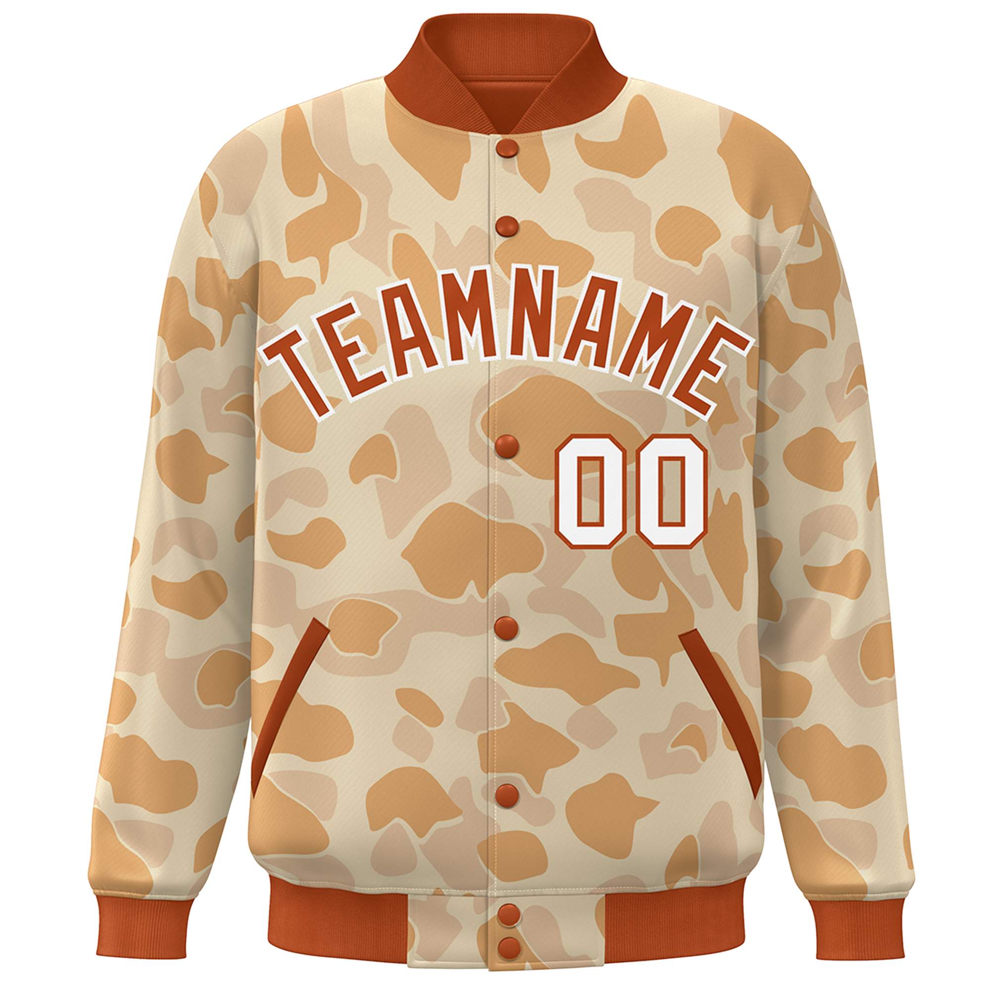 Blouson aviateur Letterman personnalisé orange blanc camouflage Varsity Full-Snap