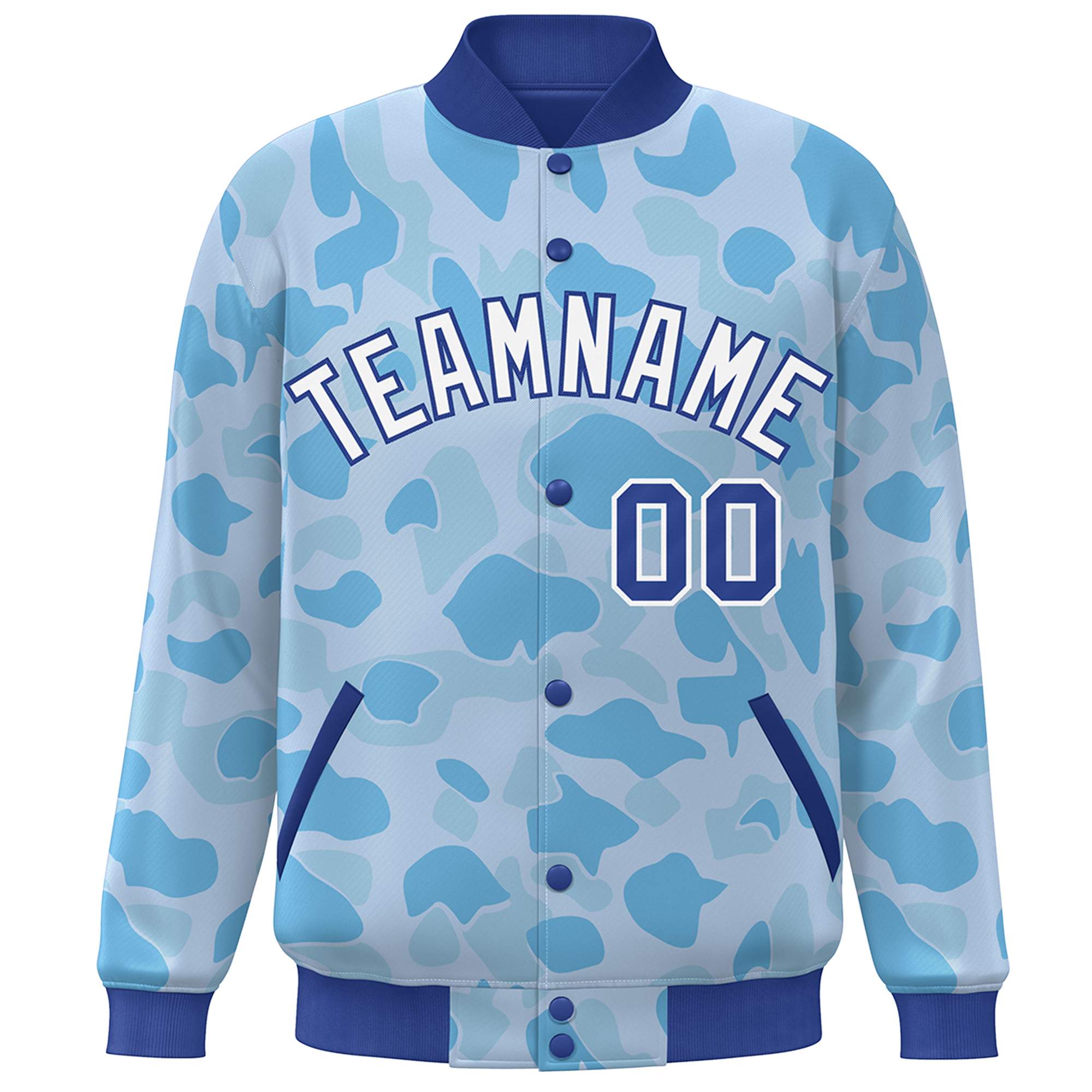 Blouson aviateur Letterman personnalisé Royal White Camo Varsity Full-Snap