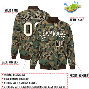 Custom Brown Cream Camo Varsity Full-Snap Letterman Bomber Jacket