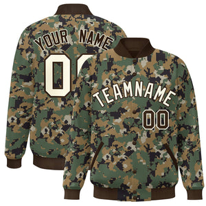 Custom Brown Cream Camo Varsity Full-Snap Letterman Bomber Jacket