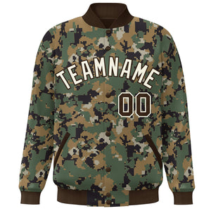 Custom Brown Cream Camo Varsity Full-Snap Letterman Bomber Jacket