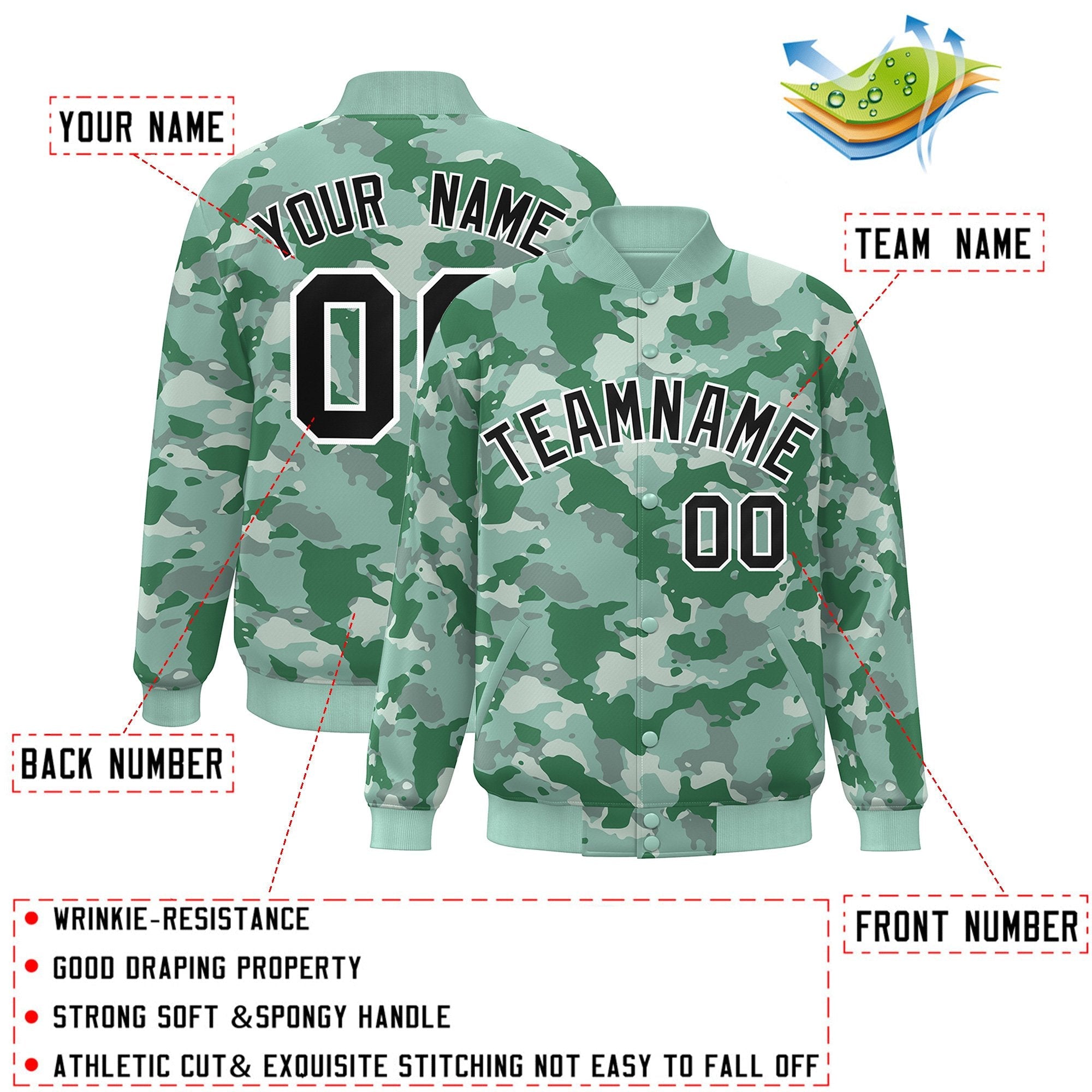 Blouson aviateur Letterman personnalisé vert noir-blanc camouflage Varsity Full-Snap