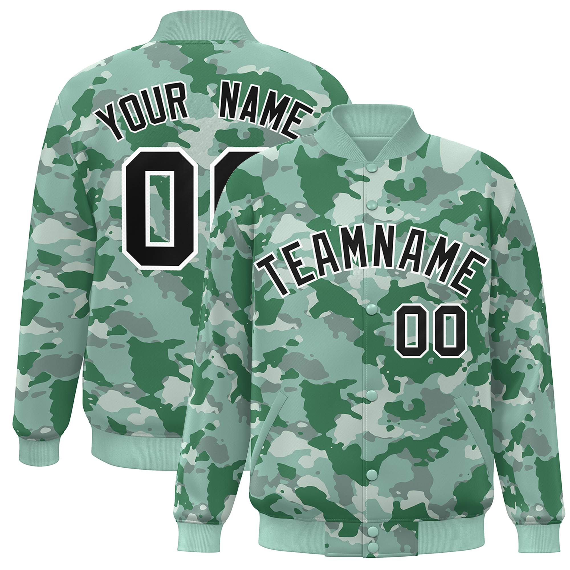 Blouson aviateur Letterman personnalisé vert noir-blanc camouflage Varsity Full-Snap