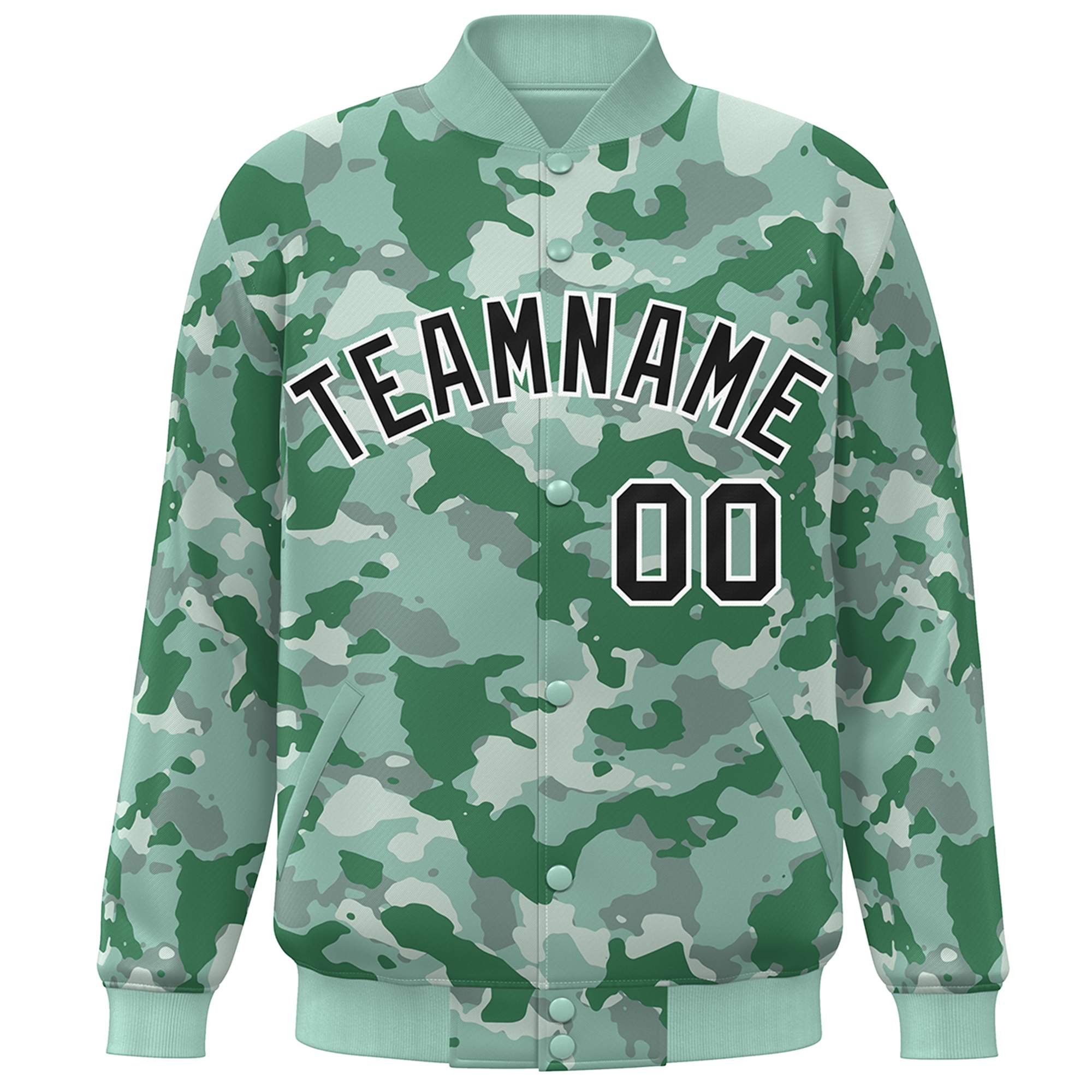 Blouson aviateur Letterman personnalisé vert noir-blanc camouflage Varsity Full-Snap