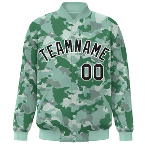 Custom Green Black-White Camo Varsity Full-Snap Letterman Bomber Jacket