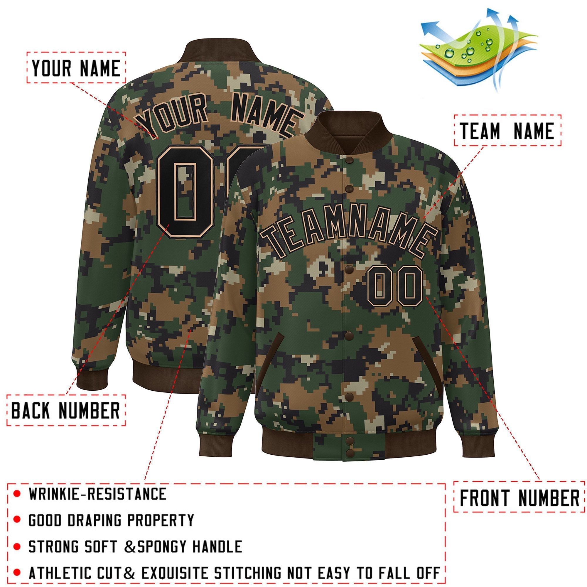 Blouson aviateur Letterman personnalisé marron noir camouflage Varsity Full-Snap