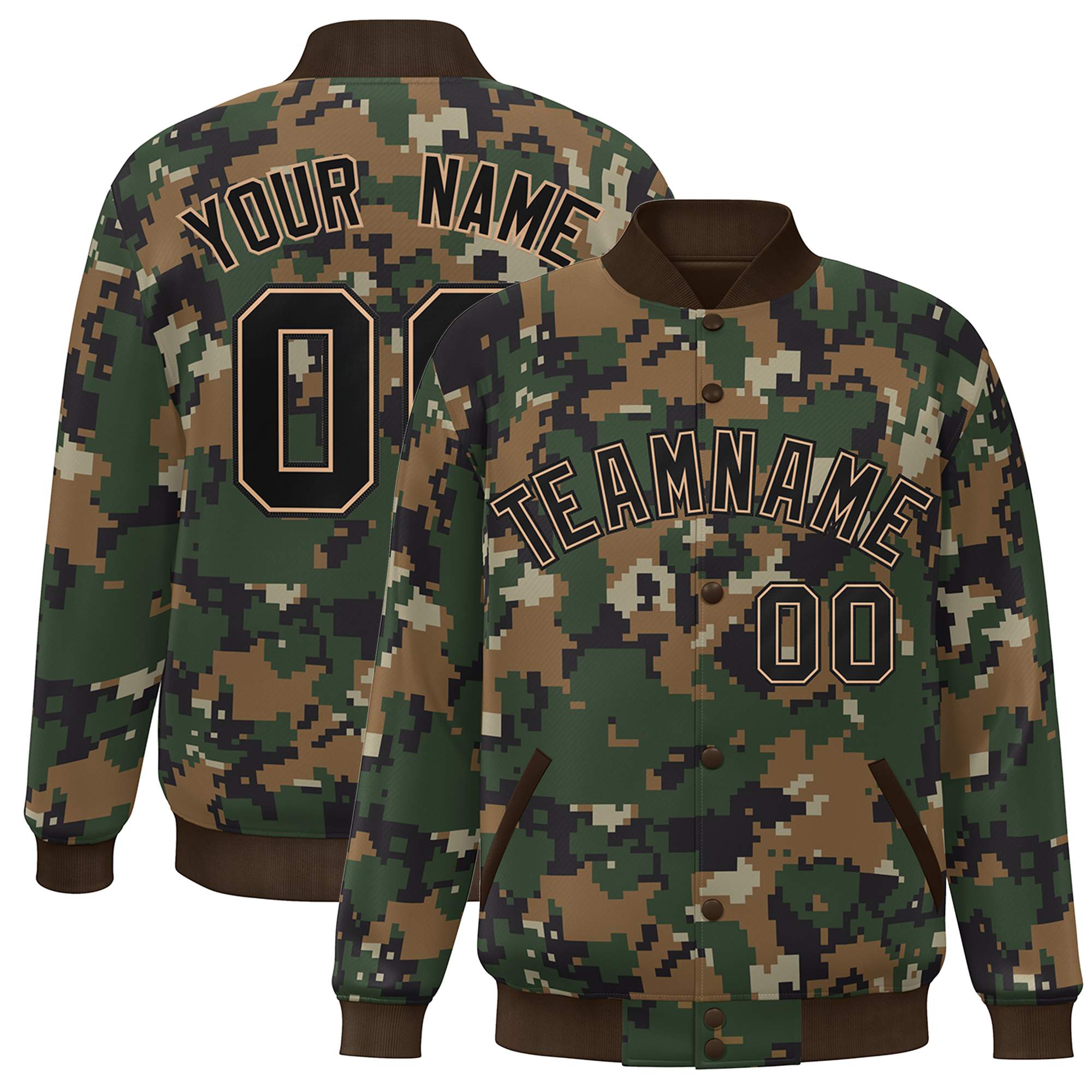 Blouson aviateur Letterman personnalisé marron noir camouflage Varsity Full-Snap