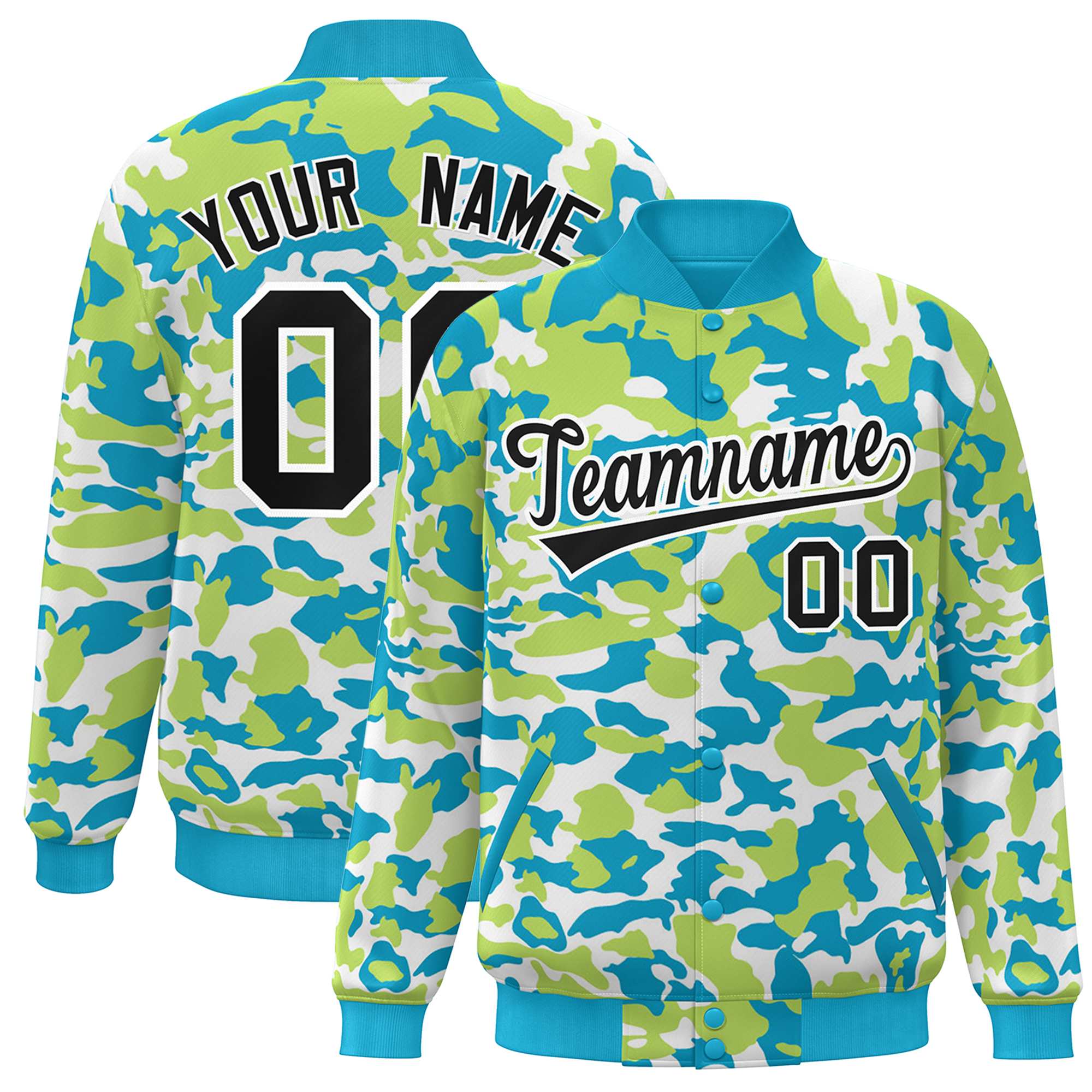 Blouson aviateur Letterman personnalisé Aqua noir-blanc camouflage Varsity Full-Snap