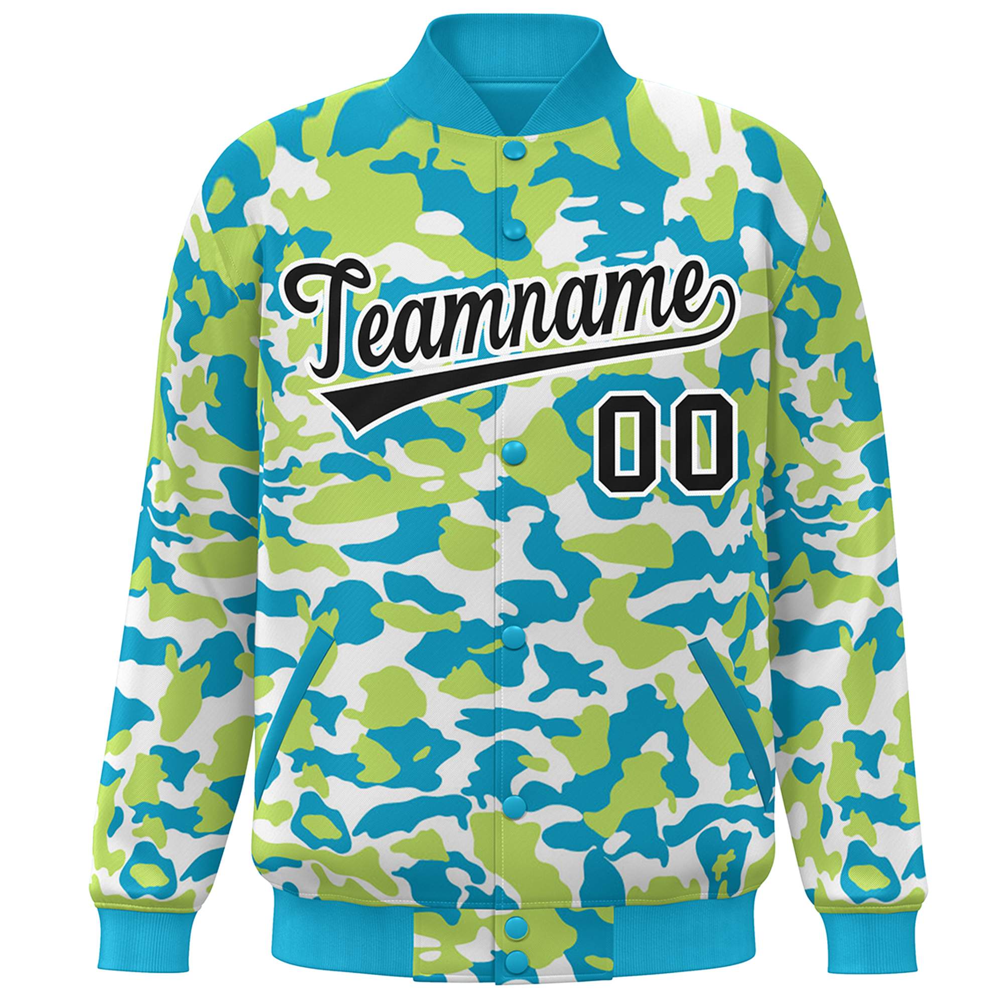 Blouson aviateur Letterman personnalisé Aqua noir-blanc camouflage Varsity Full-Snap