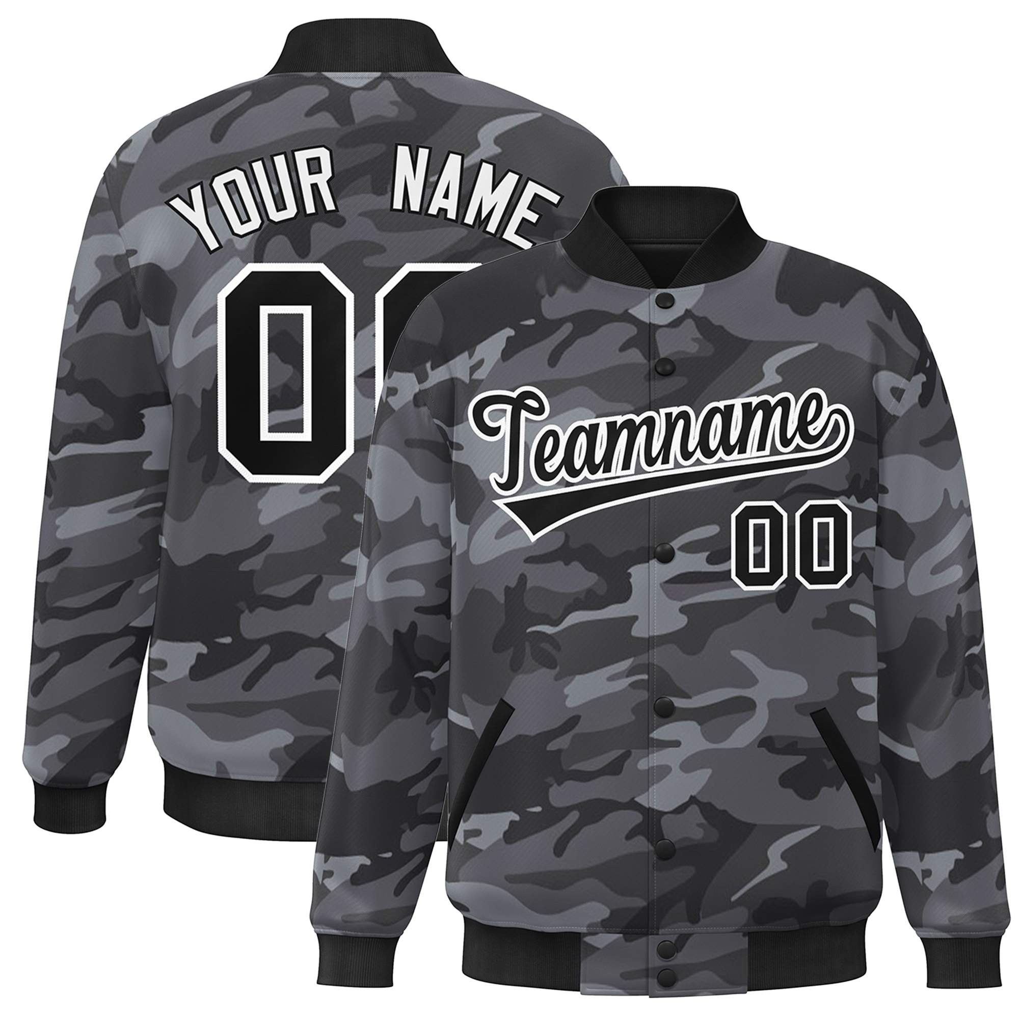 Custom Black White Camo Varsity Full-Snap Letterman Bomber Jacket