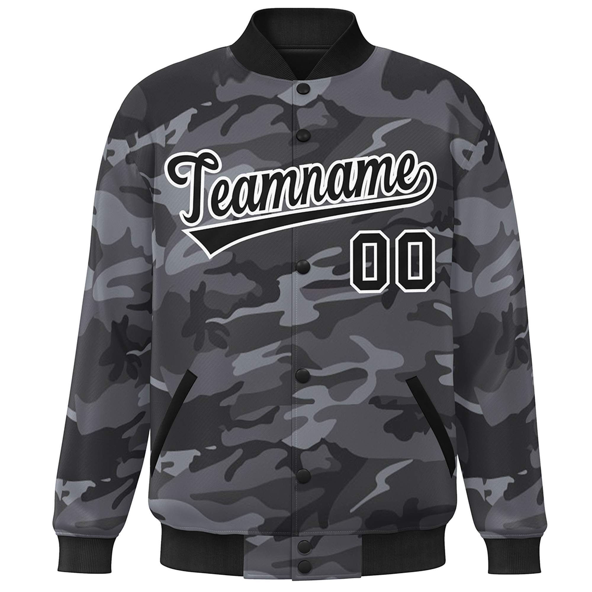 Custom Black White Camo Varsity Full-Snap Letterman Bomber Jacket