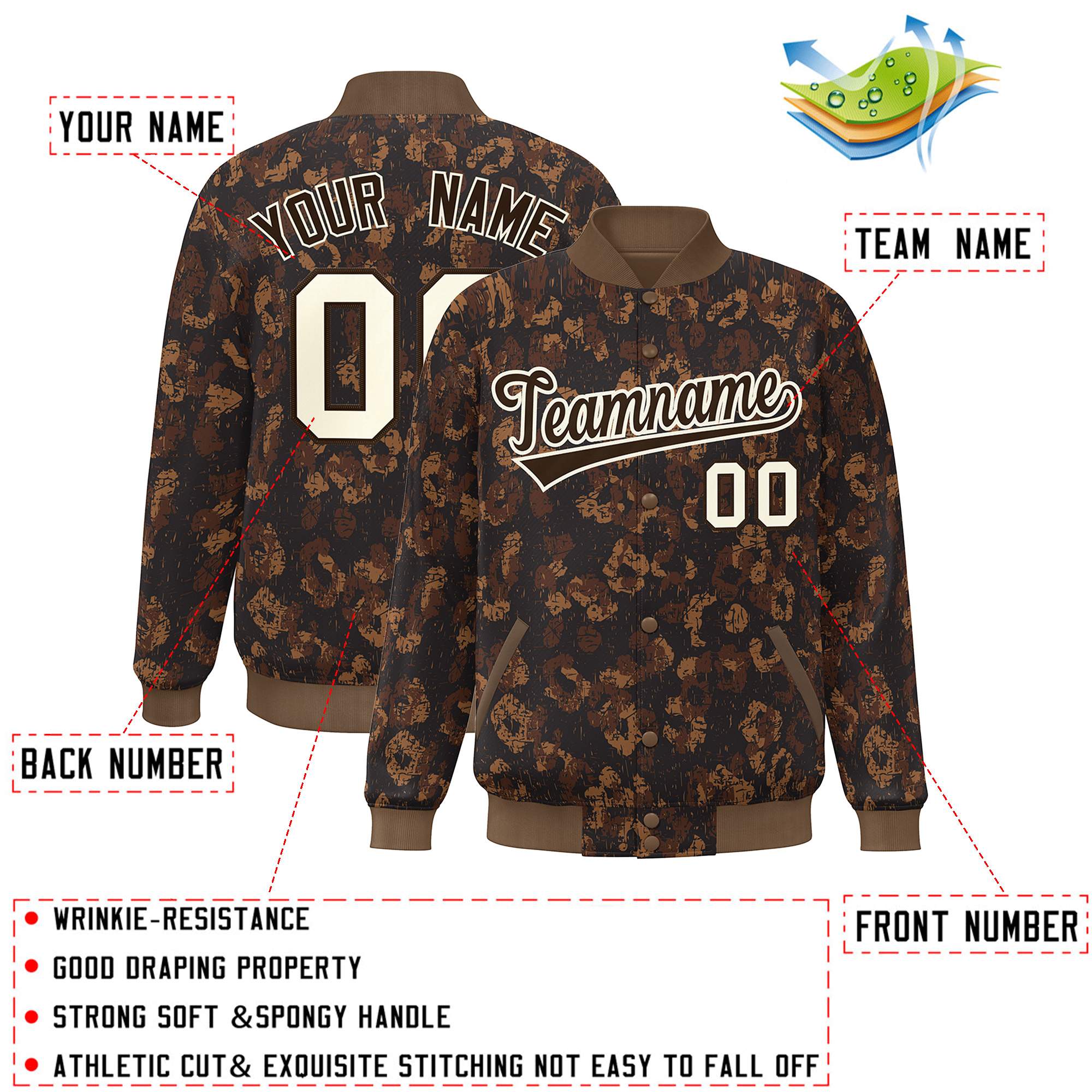 Custom Brown Cream Camo Varsity Full-Snap Letterman Bomber Jacket