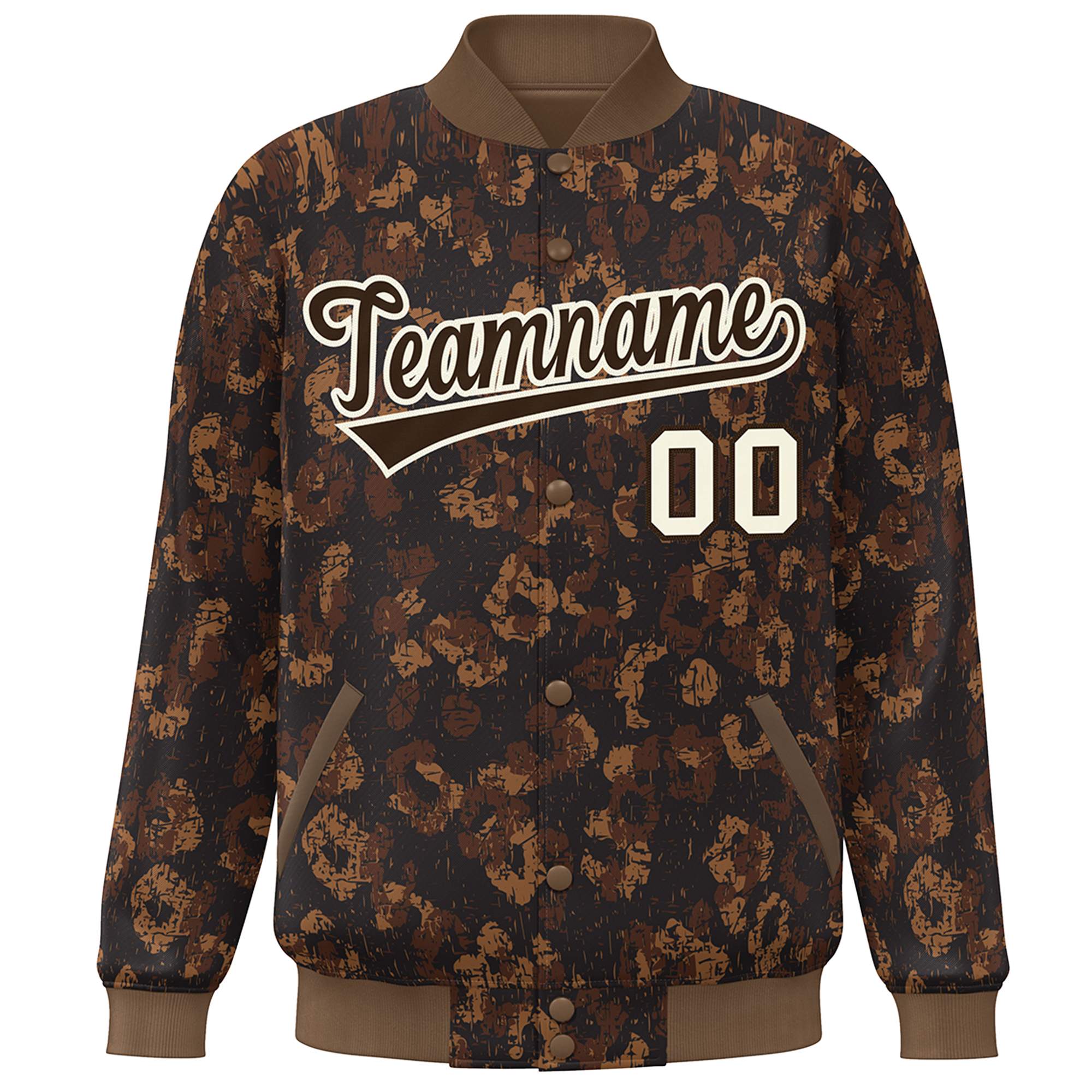 Custom Brown Cream Camo Varsity Full-Snap Letterman Bomber Jacket