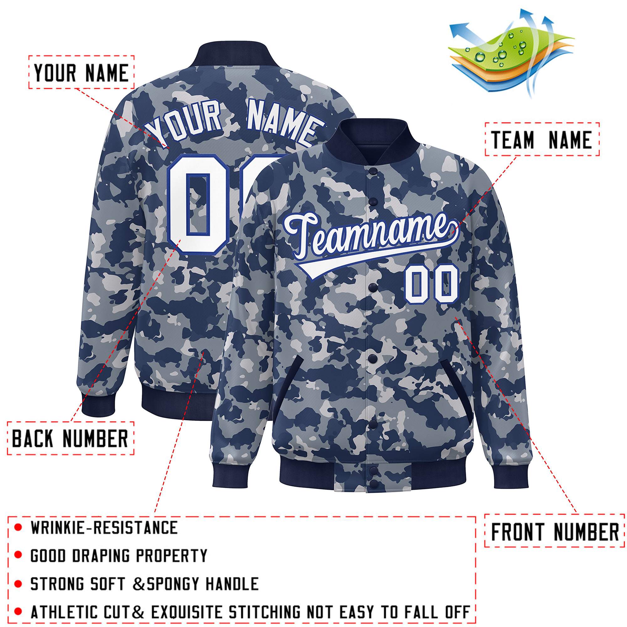 Blouson aviateur Letterman personnalisé bleu marine-Royal Camo Varsity Full-Snap