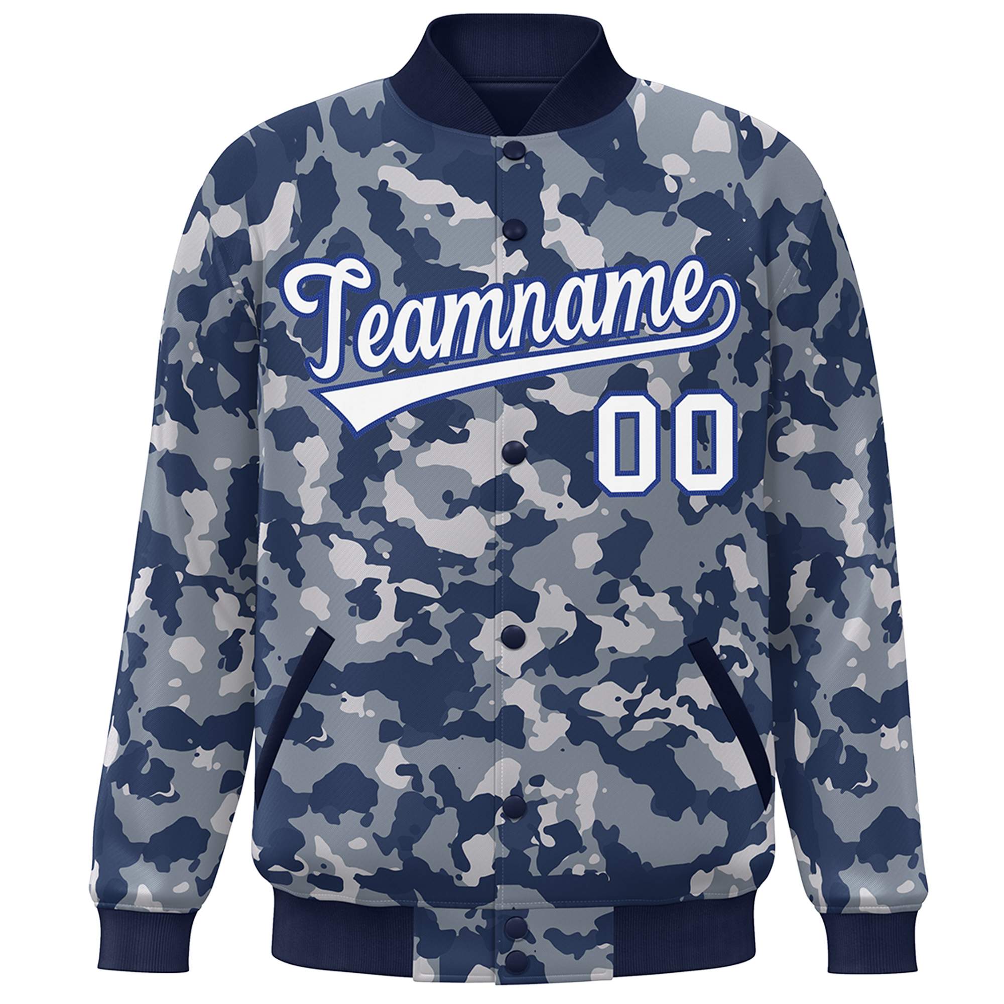 Blouson aviateur Letterman personnalisé bleu marine-Royal Camo Varsity Full-Snap