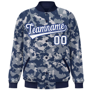 Custom Navy White-Royal Camo Varsity Full-Snap Letterman Bomber Jacket