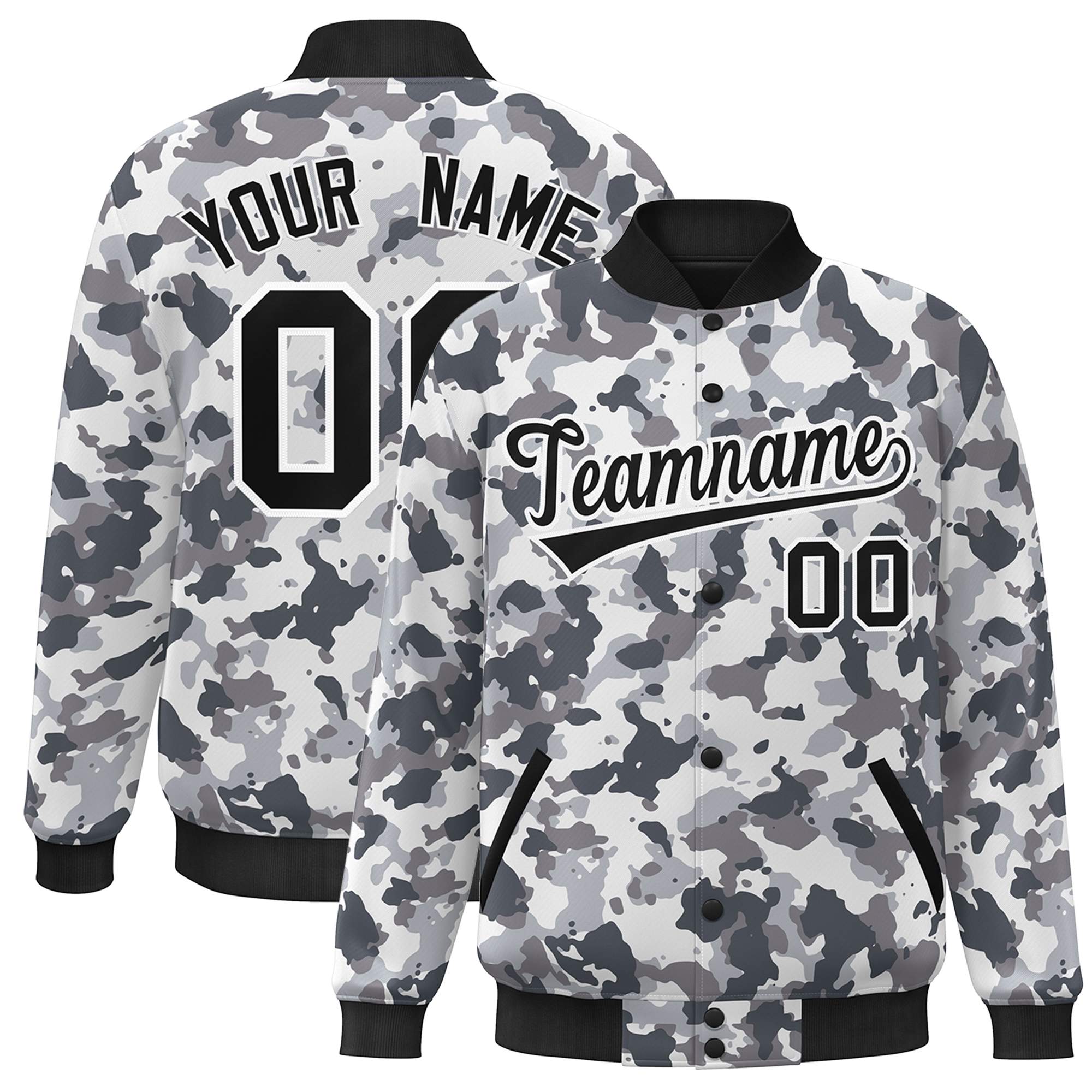 Custom Black White Camo Varsity Full-Snap Letterman Bomber Jacket