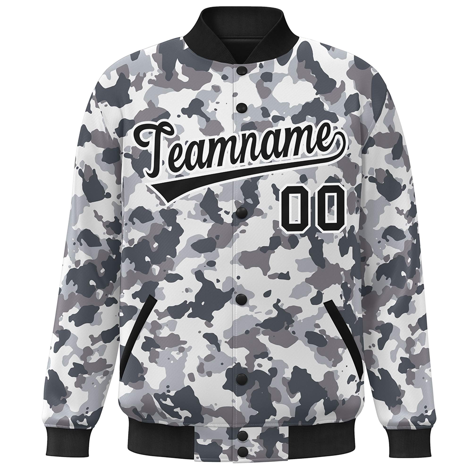 Blouson aviateur Letterman personnalisé noir et blanc camouflage Varsity Full-Snap