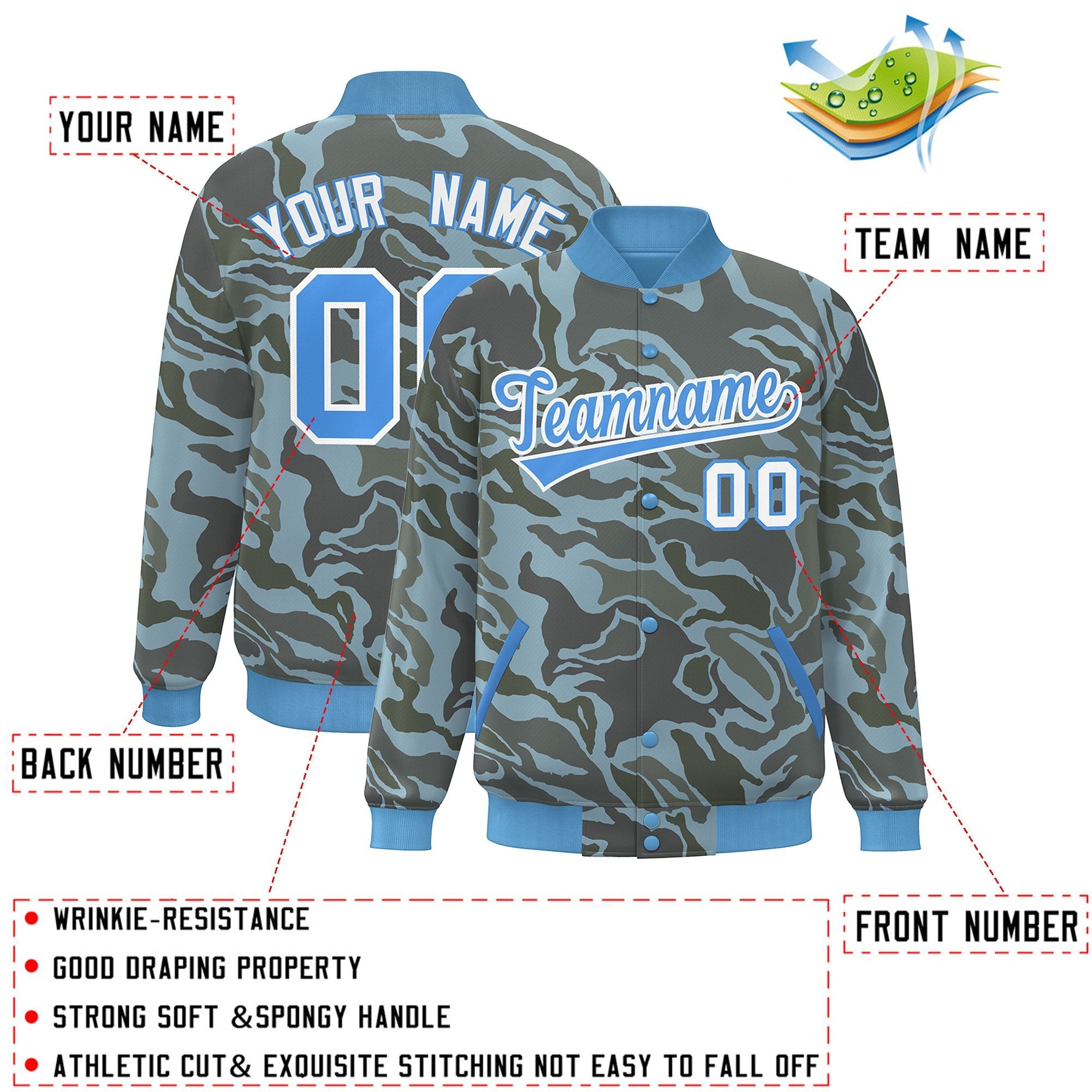 Blouson aviateur Letterman personnalisé bleu poudre blanc camouflage Varsity Full-Snap