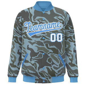 Custom Powder Blue White Camo Varsity Full-Snap Letterman Bomber Jacket