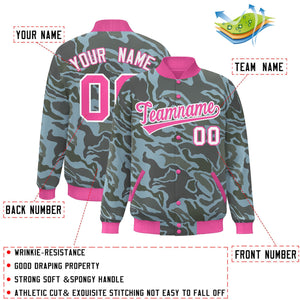 Custom Pink White Camo Varsity Full-Snap Letterman Bomber Jacket