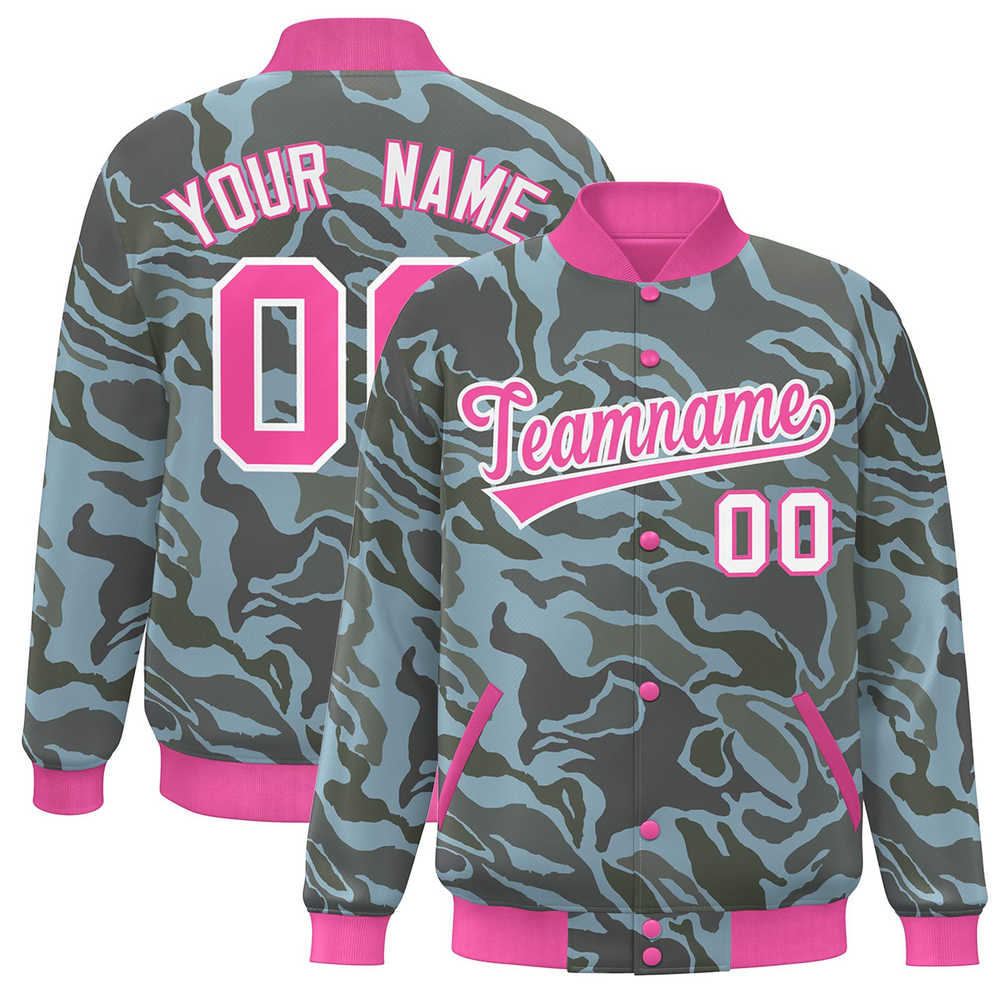 Blouson aviateur Letterman personnalisé rose blanc camouflage Varsity Full-Snap