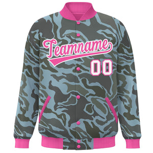 Custom Pink White Camo Varsity Full-Snap Letterman Bomber Jacket