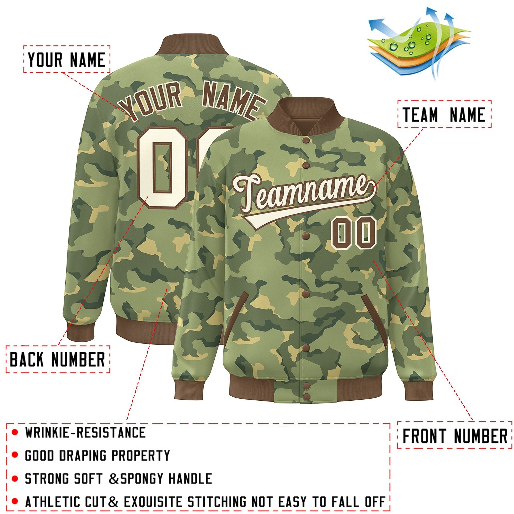 Blouson aviateur Letterman personnalisé marron blanc camouflage Varsity Full-Snap