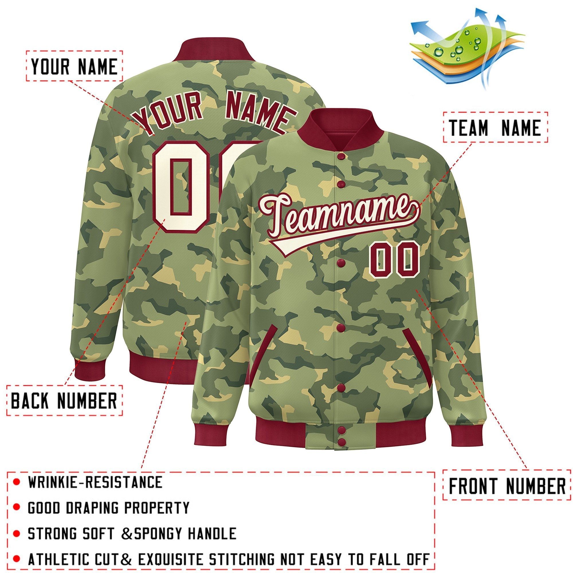 Custom Crimson White Camo Varsity Full-Snap Letterman Bomber Jacket