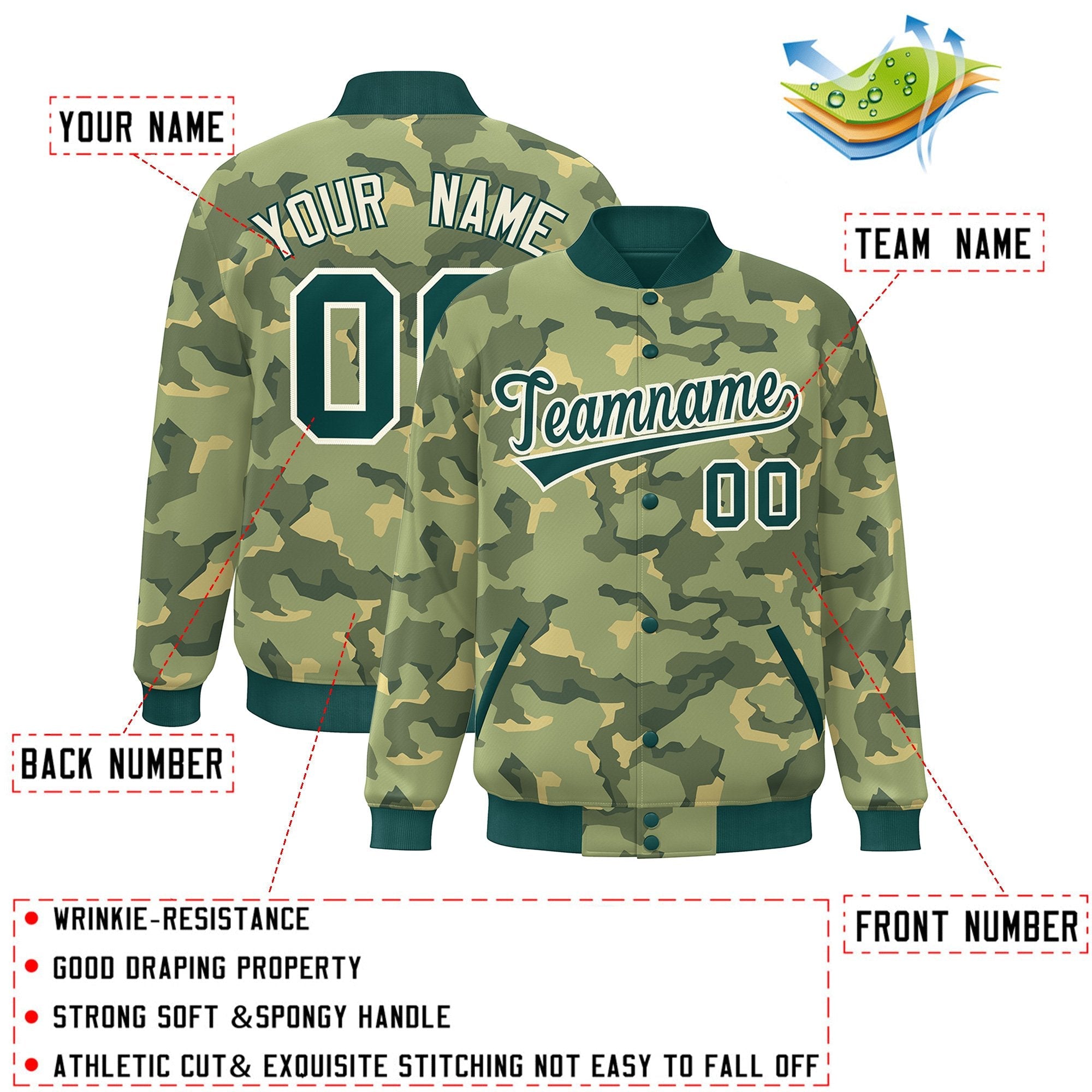 Blouson aviateur Letterman personnalisé vert et blanc camouflage Varsity Full-Snap