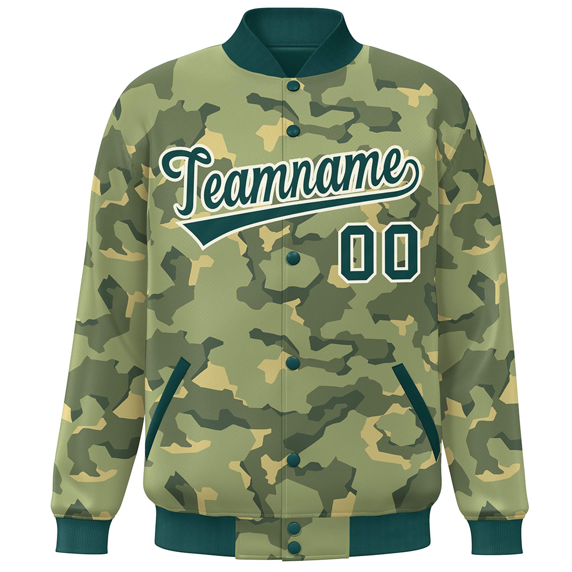 Blouson aviateur Letterman personnalisé vert et blanc camouflage Varsity Full-Snap