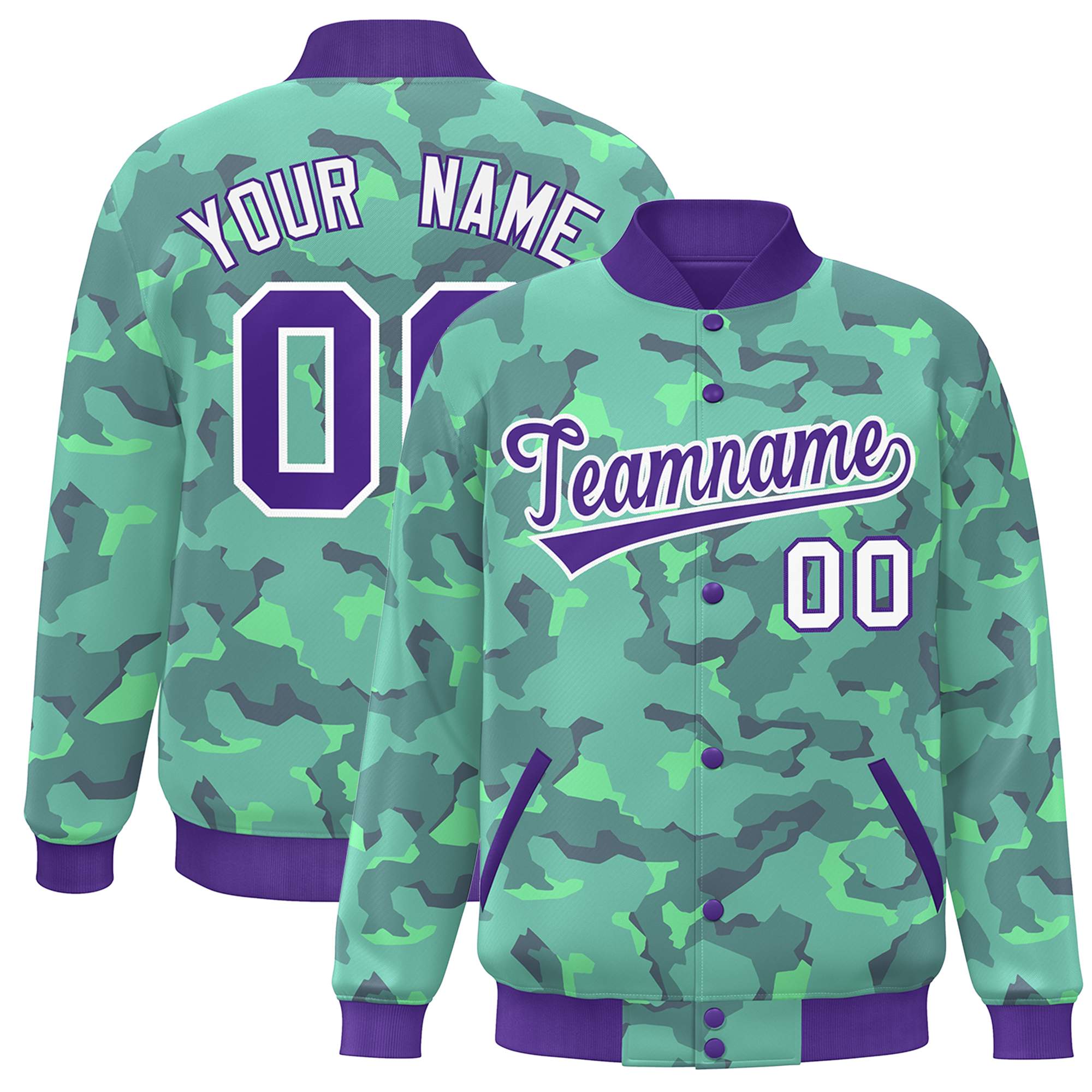 Blouson aviateur Letterman personnalisé violet blanc camouflage Varsity Full-Snap