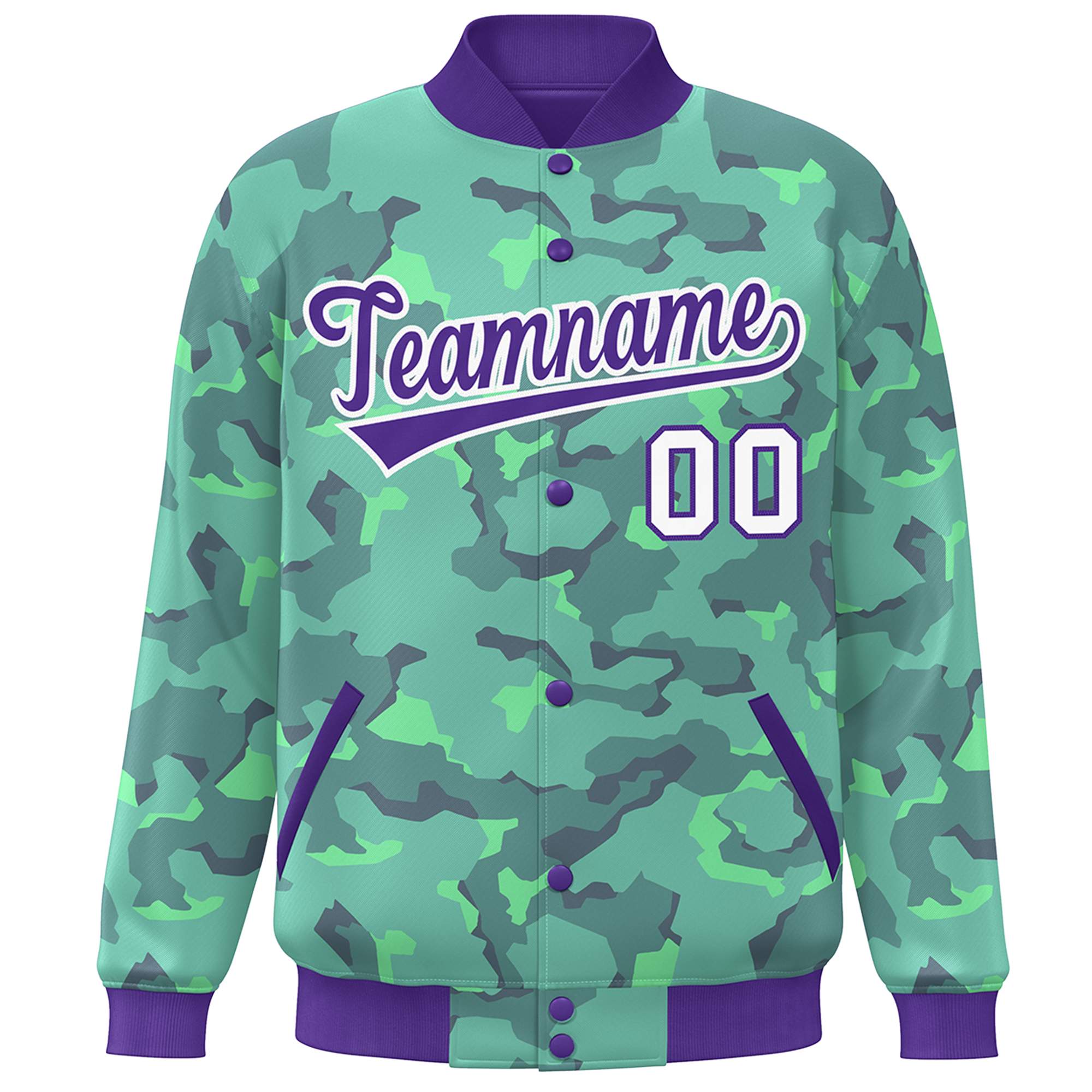 Blouson aviateur Letterman personnalisé violet blanc camouflage Varsity Full-Snap