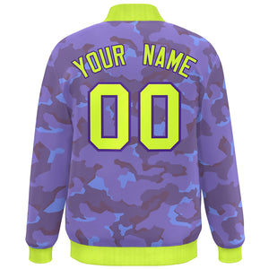 Custom Neon Green Purple Camo Varsity Full-Snap Letterman Bomber Jacket