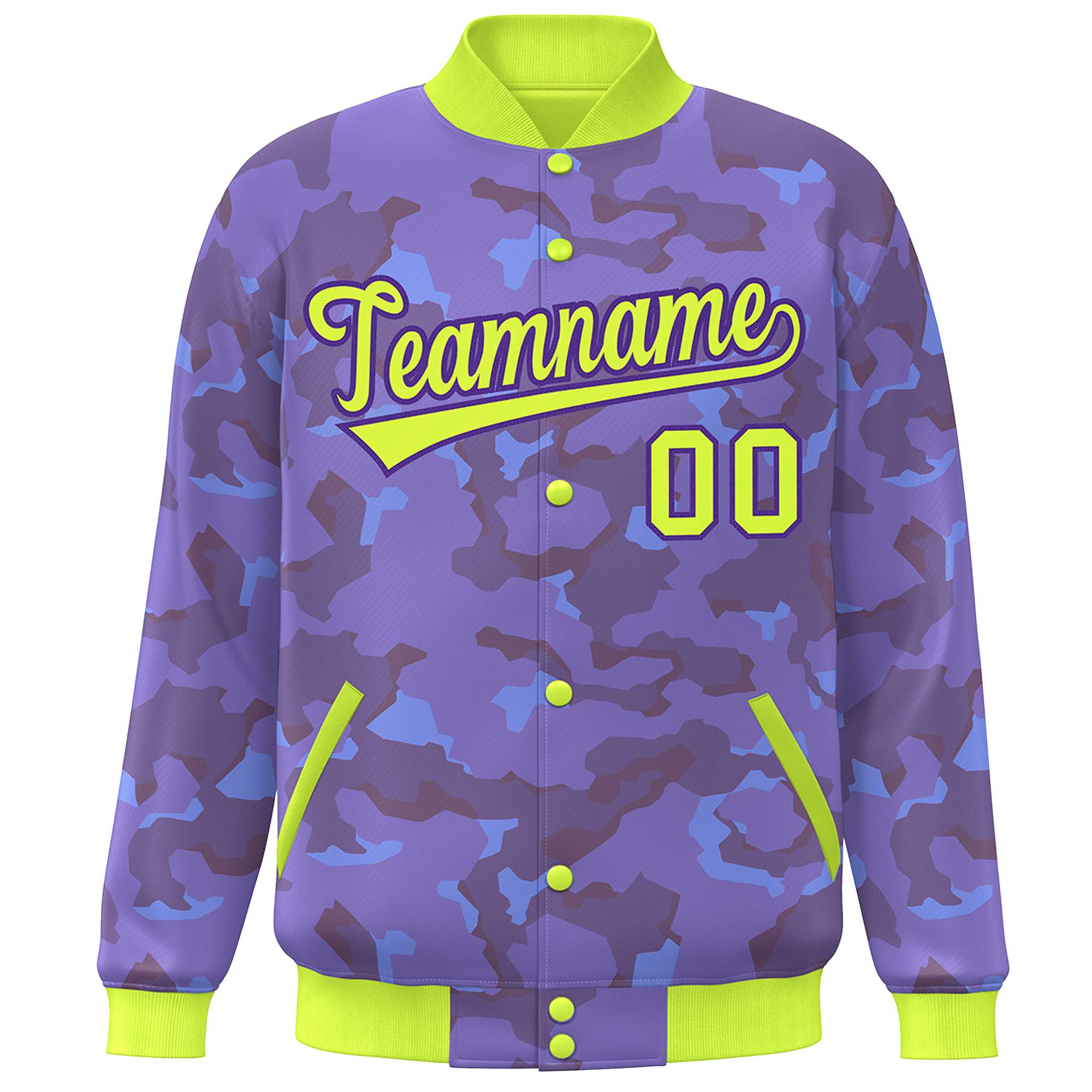 Blouson aviateur Letterman personnalisé vert néon violet camouflage Varsity Full-Snap