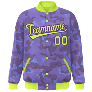 Custom Neon Green Purple Camo Varsity Full-Snap Letterman Bomber Jacket