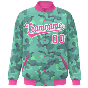 Custom Pink White Camo Varsity Full-Snap Letterman Bomber Jacket