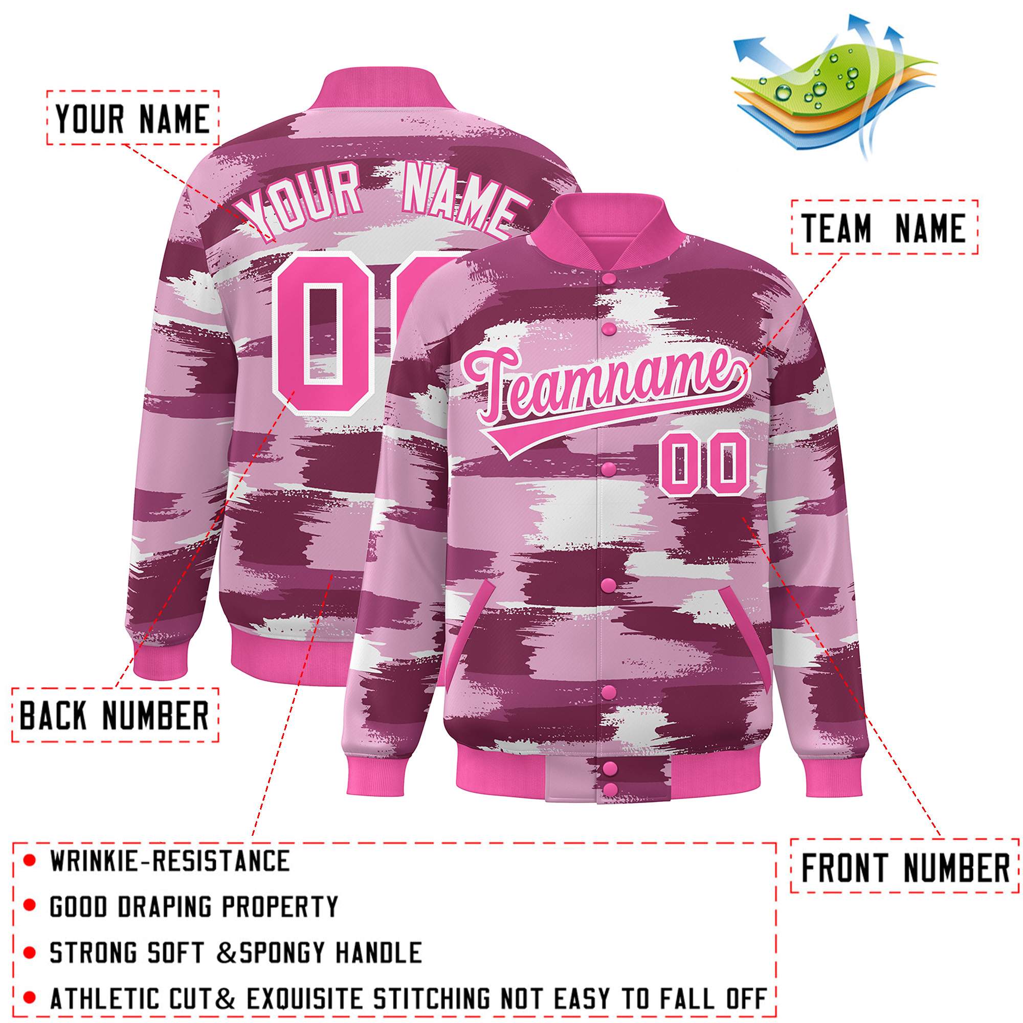 Blouson aviateur Letterman personnalisé rose blanc camouflage Varsity Full-Snap