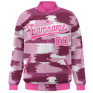 Custom Pink White Camo Varsity Full-Snap Letterman Bomber Jacket