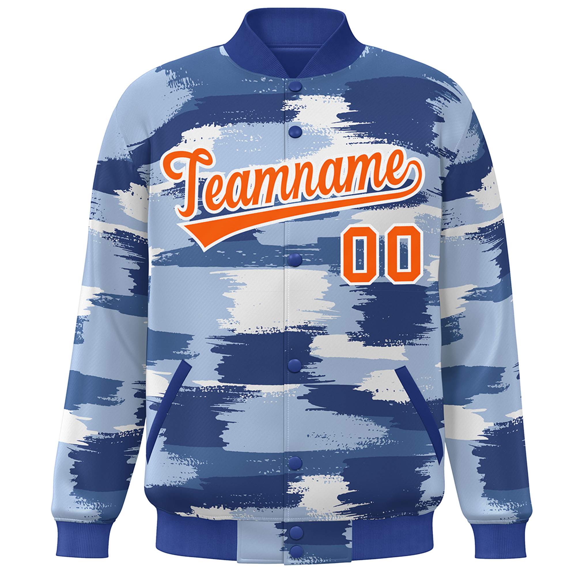 Custom Royal Orange-White Camo Varsity Full-Snap Letterman Bomber Jacket