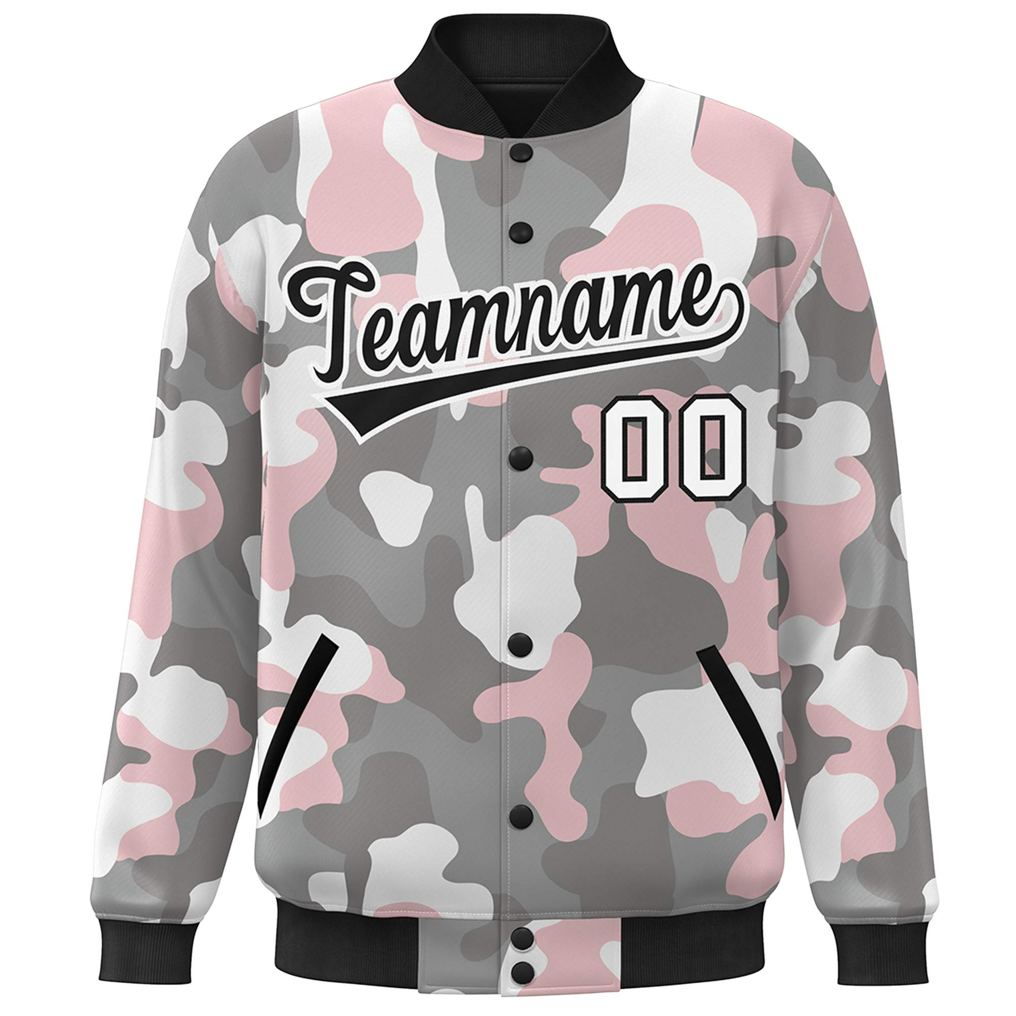 Custom Black White Camo Varsity Full-Snap Letterman Bomber Jacket