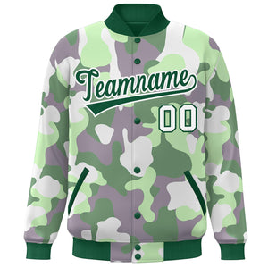 Blouson aviateur Letterman à bouton-pression Varsity Camo blanc vert personnalisé