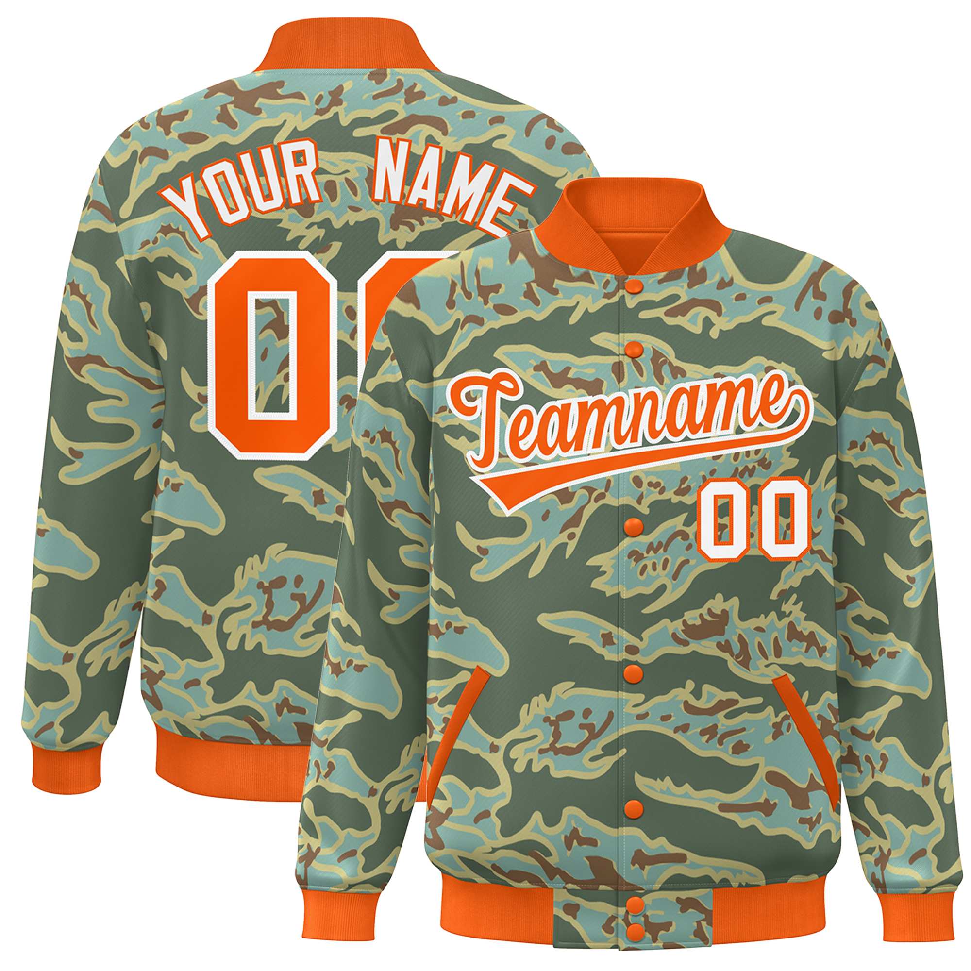 Custom Orange White Camo Varsity Full-Snap Letterman Bomber Jacket