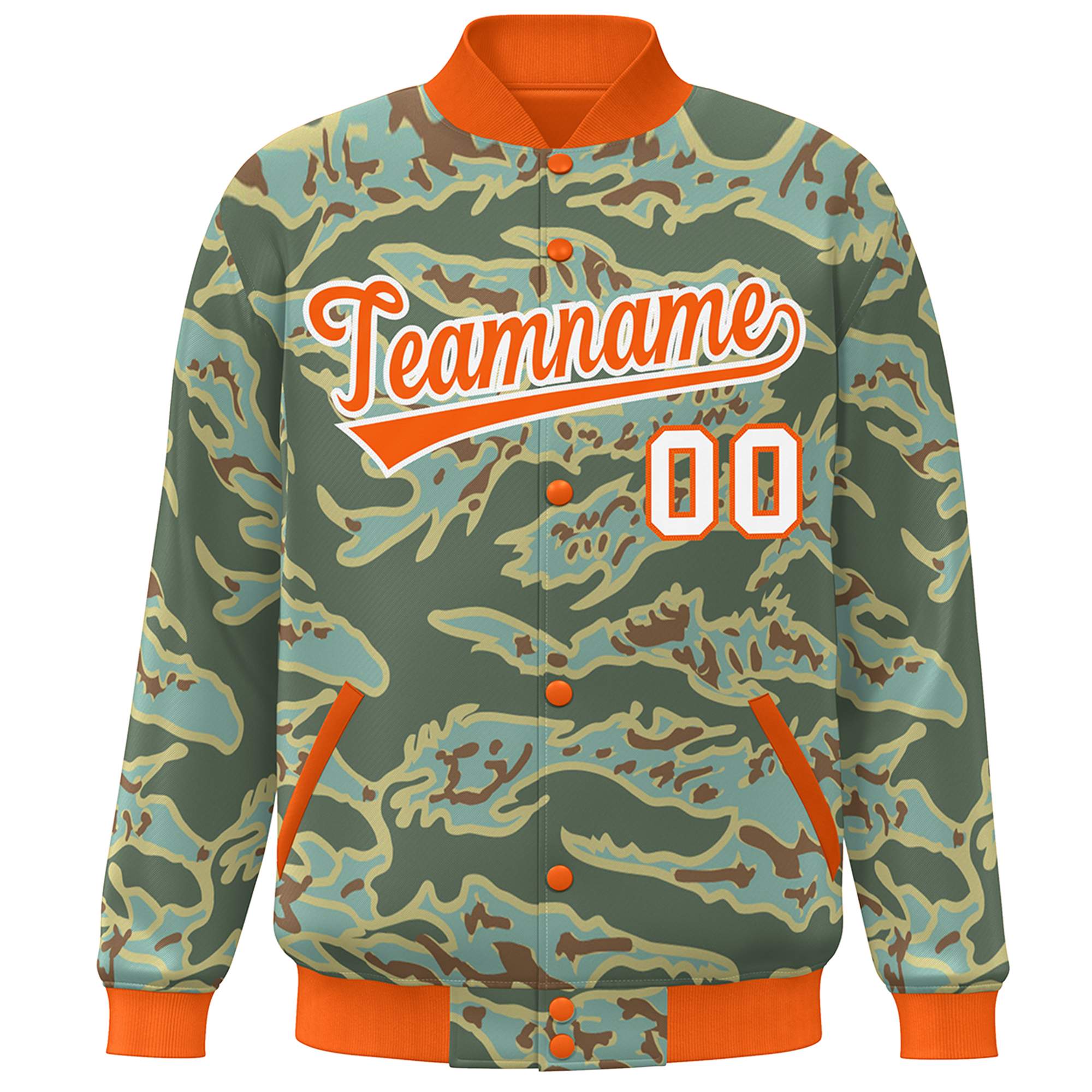 Custom Orange White Camo Varsity Full-Snap Letterman Bomber Jacket