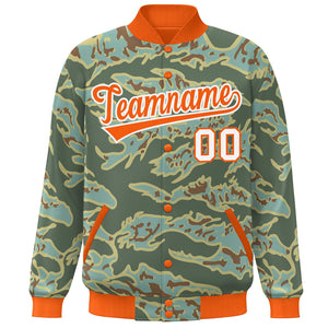 Custom Orange White Camo Varsity Full-Snap Letterman Bomber Jacket