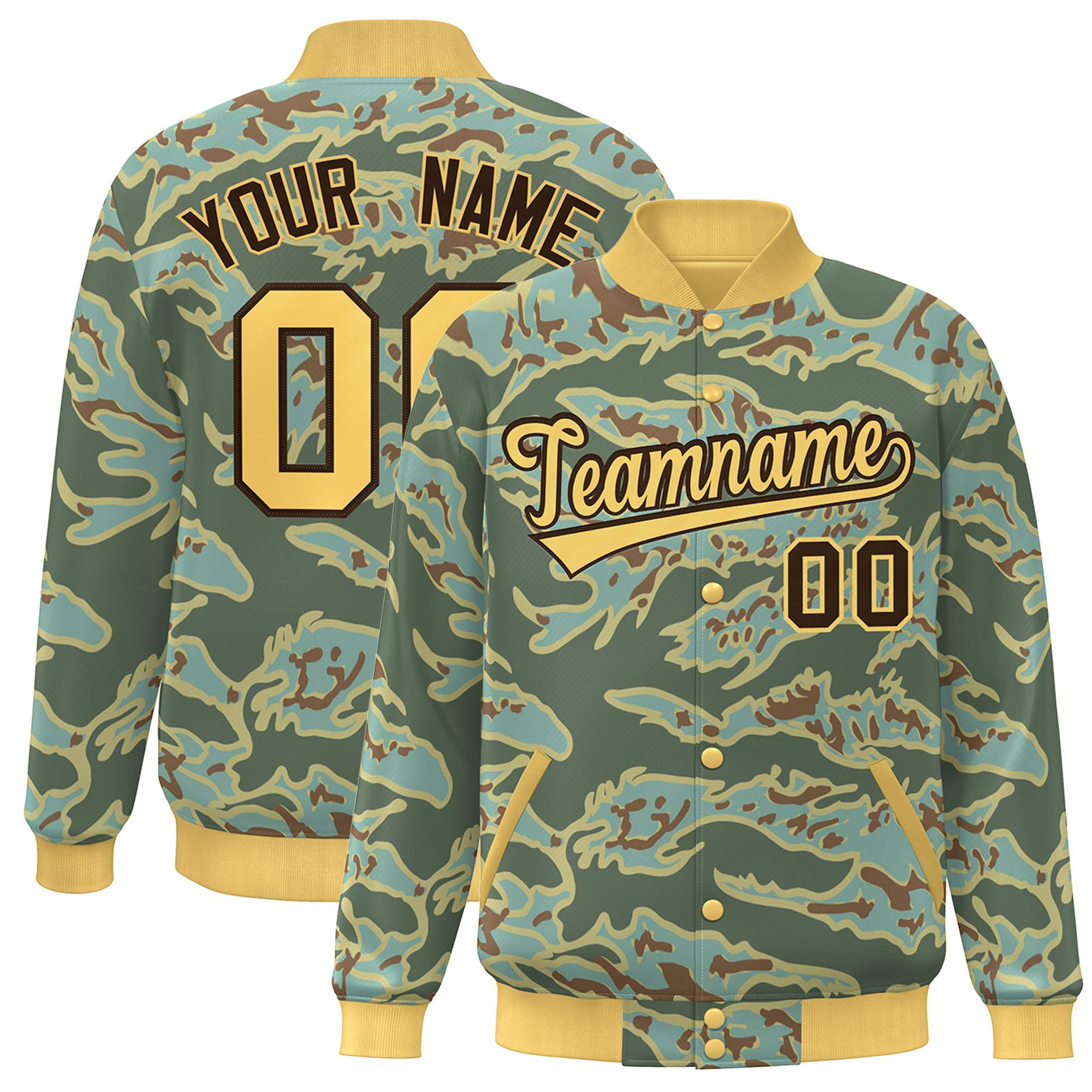 Custom Gold Brown Camo Varsity Full-Snap Letterman Bomber Jacket